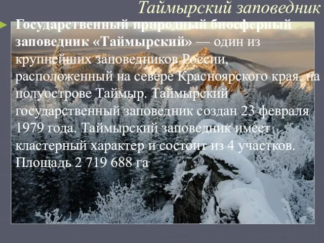 Таймырский заповедник Государственный природный биосферный заповедник «Таймырский» — один из крупнейших заповедников