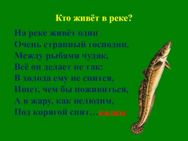 Кто живёт в реке? На реке живёт один Очень странный господин. Между