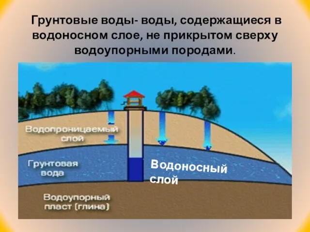 Грунтовые воды- воды, содержащиеся в водоносном слое, не прикрытом сверху водоупорными породами. Водоносный слой