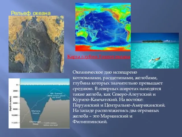 Рельеф океана Карта глубин Тихого океана Океаническое дно испещрено котлованами, расщелинами, желобами,