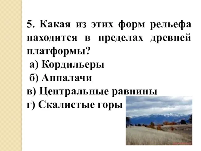 5. Какая из этих форм рельефа находится в пределах древней платформы? а)