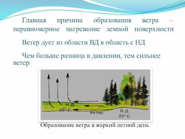 Главная причина образования ветра – неравномерное нагревание земной поверхности Образование ветра в