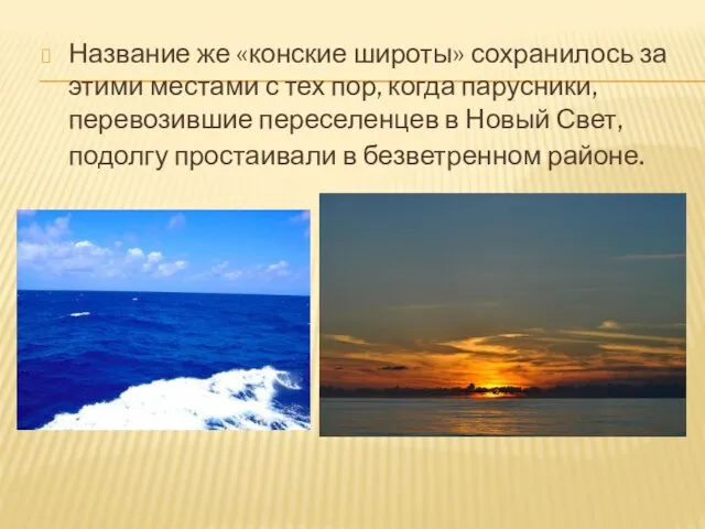 Название же «конские широты» сохранилось за этими местами с тех пор, когда