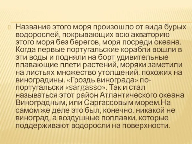 Название этого моря произошло от вида бурых водорослей, покрывающих всю акваторию этого