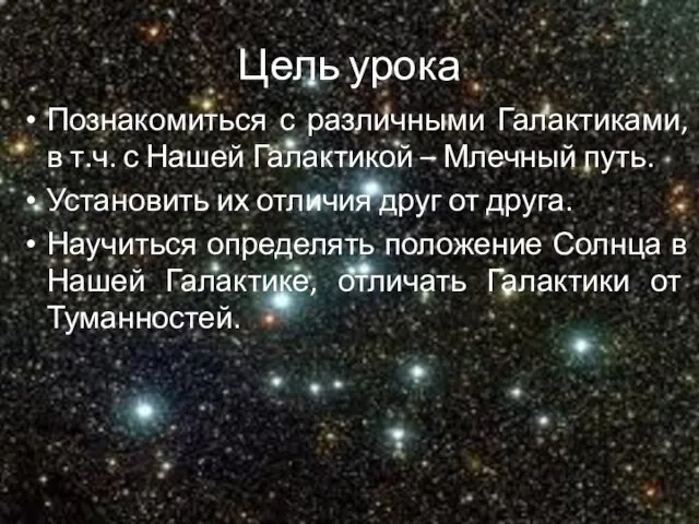 Цель урока Познакомиться с различными Галактиками, в т.ч. с Нашей Галактикой –