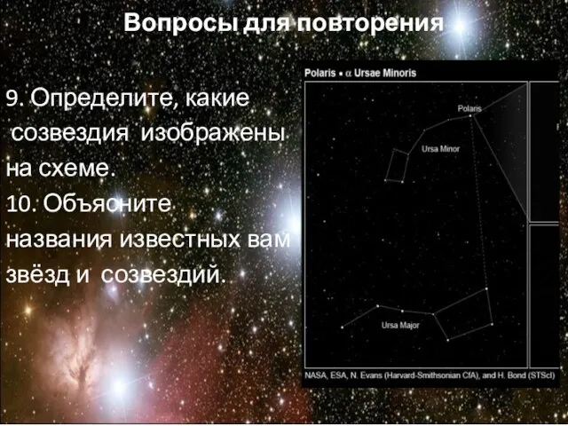 Вопросы для повторения 9. Определите, какие созвездия изображены на схеме. 10. Объясните