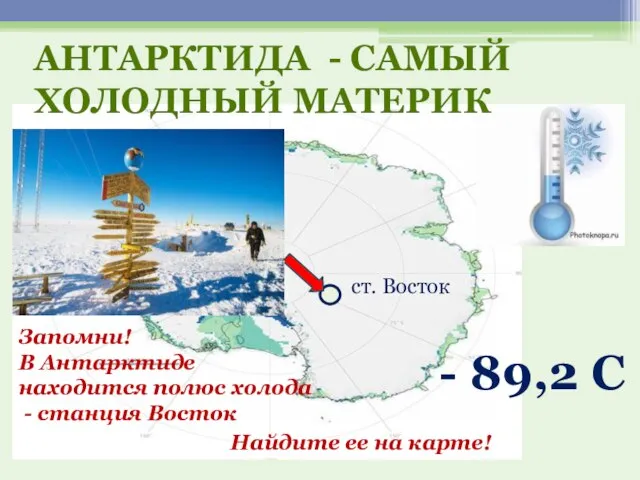 - 89,2 С ст. Восток Запомни! В Антарктиде находится полюс холода -