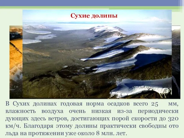 Сухие долины В Сухих долинах годовая норма осадков всего 25 мм, влажность