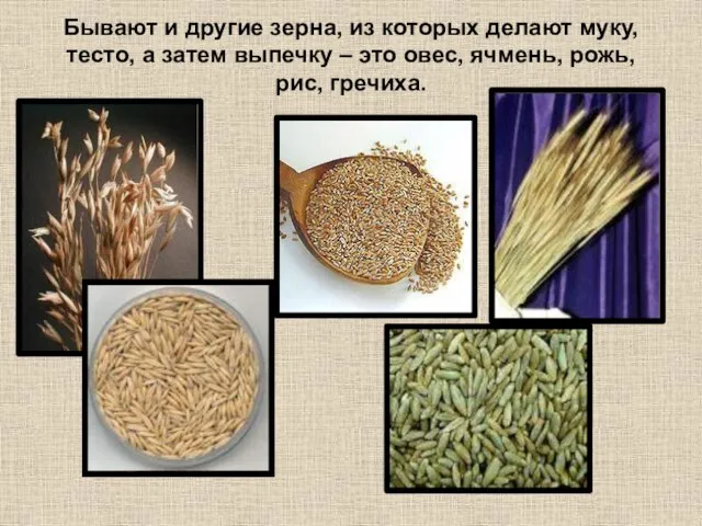 Бывают и другие зерна, из которых делают муку, тесто, а затем выпечку
