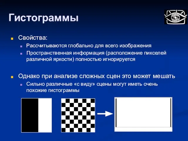 Гистограммы Свойства: Рассчитываются глобально для всего изображения Пространственная информация (расположение пикселей различной