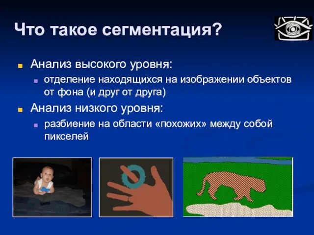 Что такое сегментация? Анализ высокого уровня: отделение находящихся на изображении объектов от