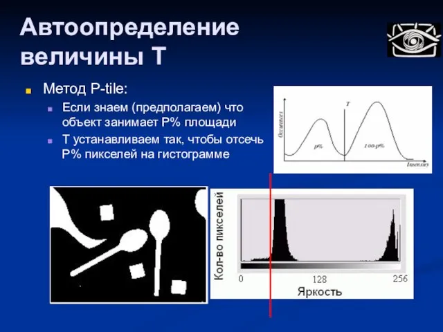 Автоопределение величины T Метод P-tile: Если знаем (предполагаем) что объект занимает P%