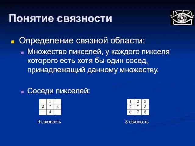 Понятие связности Определение связной области: Множество пикселей, у каждого пикселя которого есть