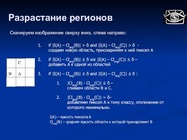 Разрастание регионов if |I(A) – Clavg(B)| > δ and |I(A) – Clavg(C)|