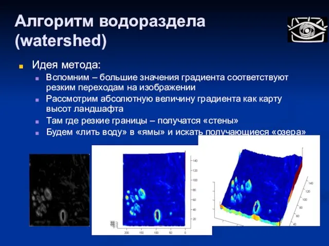 Алгоритм водораздела (watershed) Идея метода: Вспомним – большие значения градиента соответствуют резким