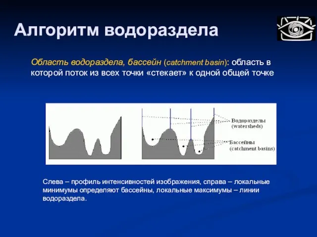 Алгоритм водораздела Область водораздела, бассейн (catchment basin): область в которой поток из