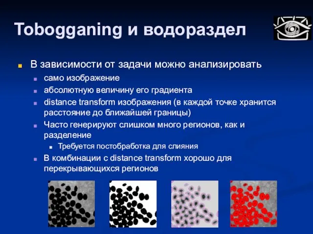 Tobogganing и водораздел В зависимости от задачи можно анализировать само изображение абсолютную