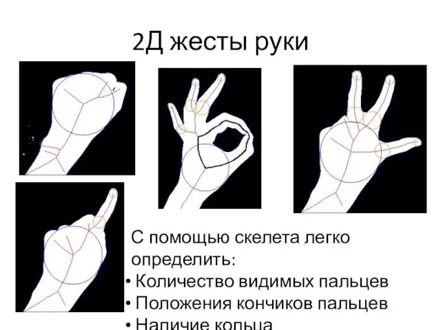 2Д жесты руки С помощью скелета легко определить: Количество видимых пальцев Положения кончиков пальцев Наличие кольца