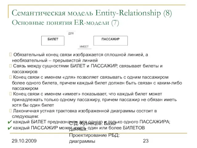 29.10.2009 С.Д. Кузнецов. Базы данных. Проектирование РБД: диаграммы Семантическая модель Entity-Relationship (8)