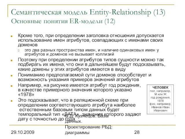 29.10.2009 С.Д. Кузнецов. Базы данных. Проектирование РБД: диаграммы Семантическая модель Entity-Relationship (13)