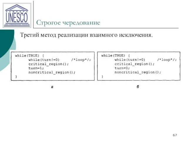 Строгое чередование Третий метод реализации взаимного исключения.