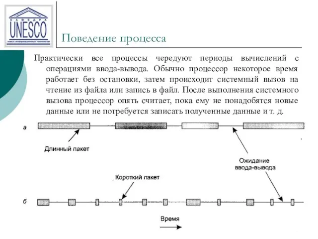 Поведение процесса Практически все процессы чередуют периоды вычислений с операциями ввода-вывода. Обычно