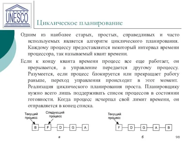 Циклическое планирование Одним из наиболее старых, простых, справедливых и часто используемых является