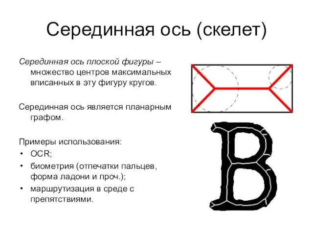 Серединная ось (скелет) Серединная ось плоской фигуры – множество центров максимальных вписанных