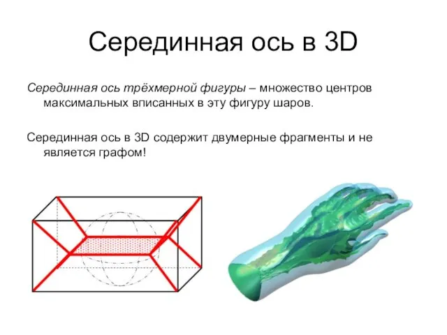 Серединная ось в 3D Серединная ось трёхмерной фигуры – множество центров максимальных