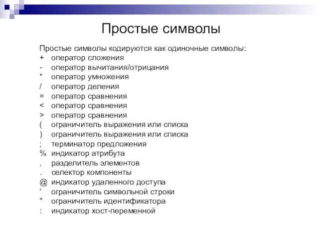 Простые символы Простые символы кодируются как одиночные символы: + оператор сложения -