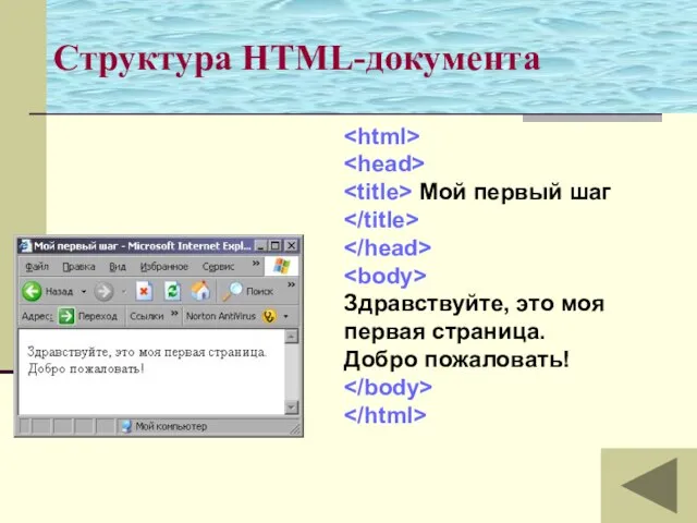 Мой первый шаг Здравствуйте, это моя первая страница. Добро пожаловать! Структура HTML-документа