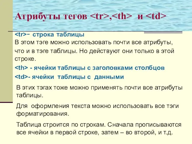 - строка таблицы В этом тэге можно использовать почти все атрибуты, что