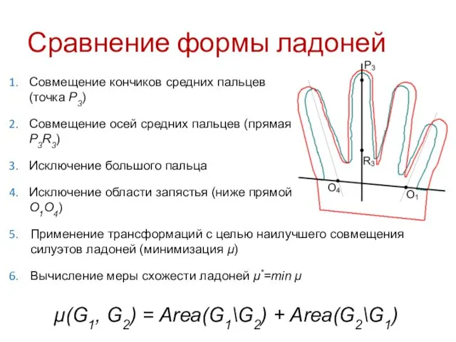 Сравнение формы ладоней Совмещение кончиков средних пальцев (точка P3) Совмещение осей средних