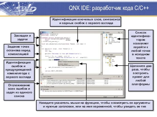 QNX IDE: разработчик кода C/C++ Список идентифика-торов позволяет перейти к любой точке