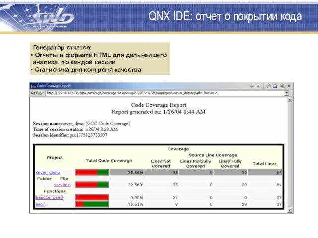 QNX IDE: отчет о покрытии кода Генератор отчетов: Отчеты в формате HTML