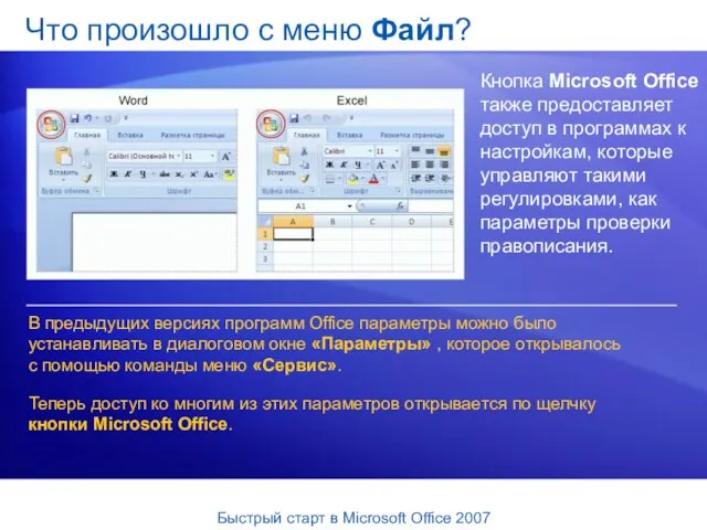 Что произошло с меню Файл? Кнопка Microsoft Office также предоставляет доступ в