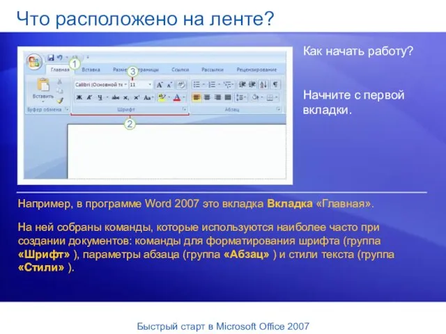 Что расположено на ленте? Как начать работу? Например, в программе Word 2007