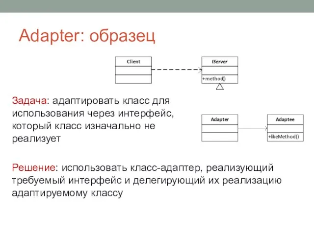 Adapter: образец Задача: адаптировать класс для использования через интерфейс, который класс изначально