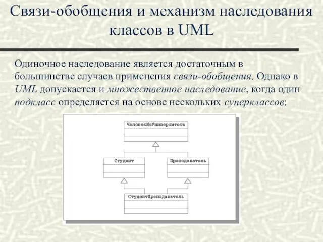 Связи-обобщения и механизм наследования классов в UML Одиночное наследование является достаточным в