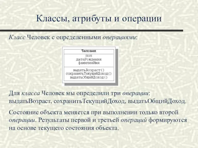 Классы, атрибуты и операции Класс Человек с определенными операциями: Для класса Человек