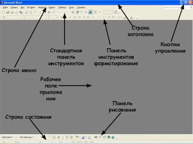 Строка заголовка Кнопки управления Строка меню Стандартная панель инструментов Панель рисования Строка