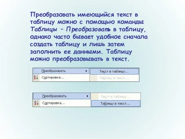 Преобразовать имеющийся текст в таблицу можно с помощью команды Таблицы – Преобразовать