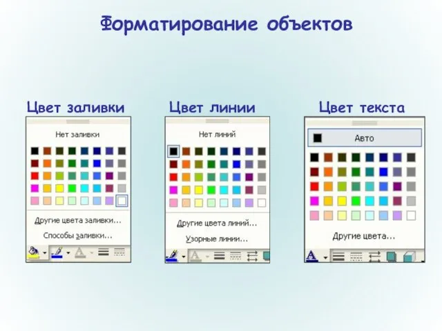 Форматирование объектов Цвет заливки Цвет линии Цвет текста