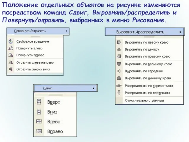 Положение отдельных объектов на рисунке изменяются посредством команд Сдвиг, Выровнять/распределить и Повернуть/отразить, выбранных в меню Рисование.