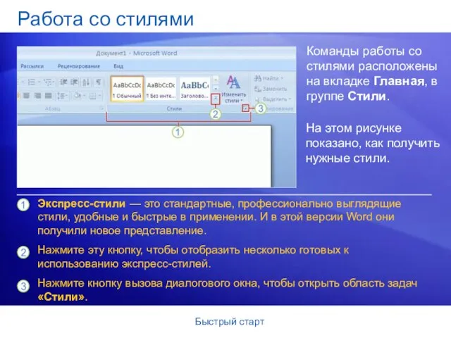 Быстрый старт Работа со стилями Команды работы со стилями расположены на вкладке