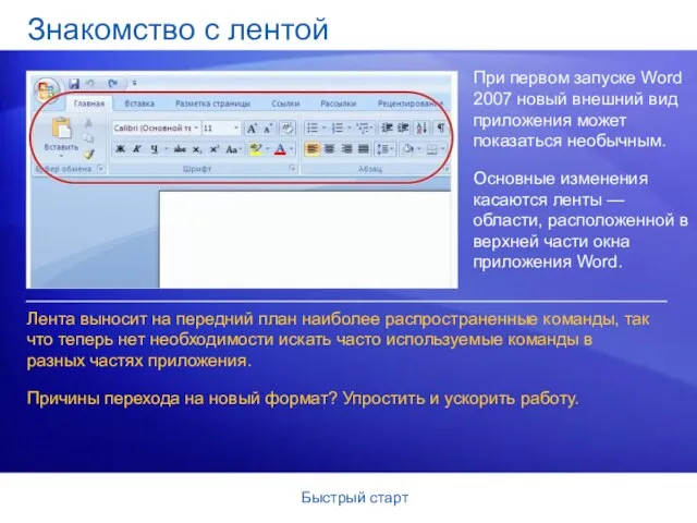 Быстрый старт Знакомство с лентой При первом запуске Word 2007 новый внешний