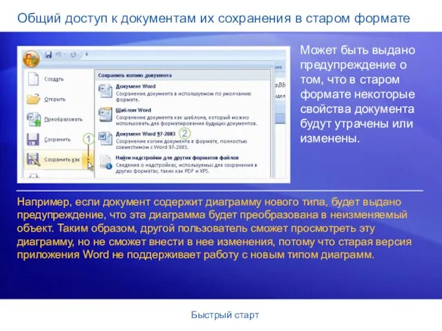 Быстрый старт Общий доступ к документам их сохранения в старом формате Может