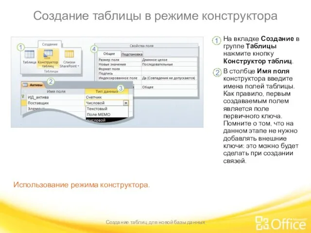 Создание таблицы в режиме конструктора Создание таблиц для новой базы данных Использование