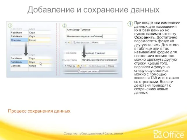 Добавление и сохранение данных Создание таблиц для новой базы данных Процесс сохранения