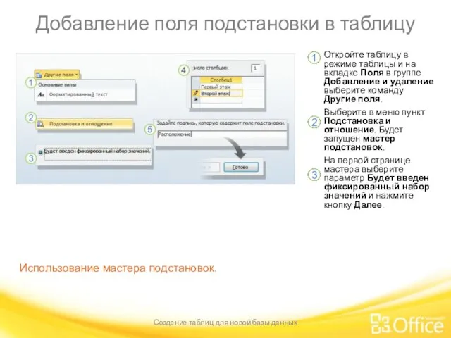 Добавление поля подстановки в таблицу Создание таблиц для новой базы данных Использование